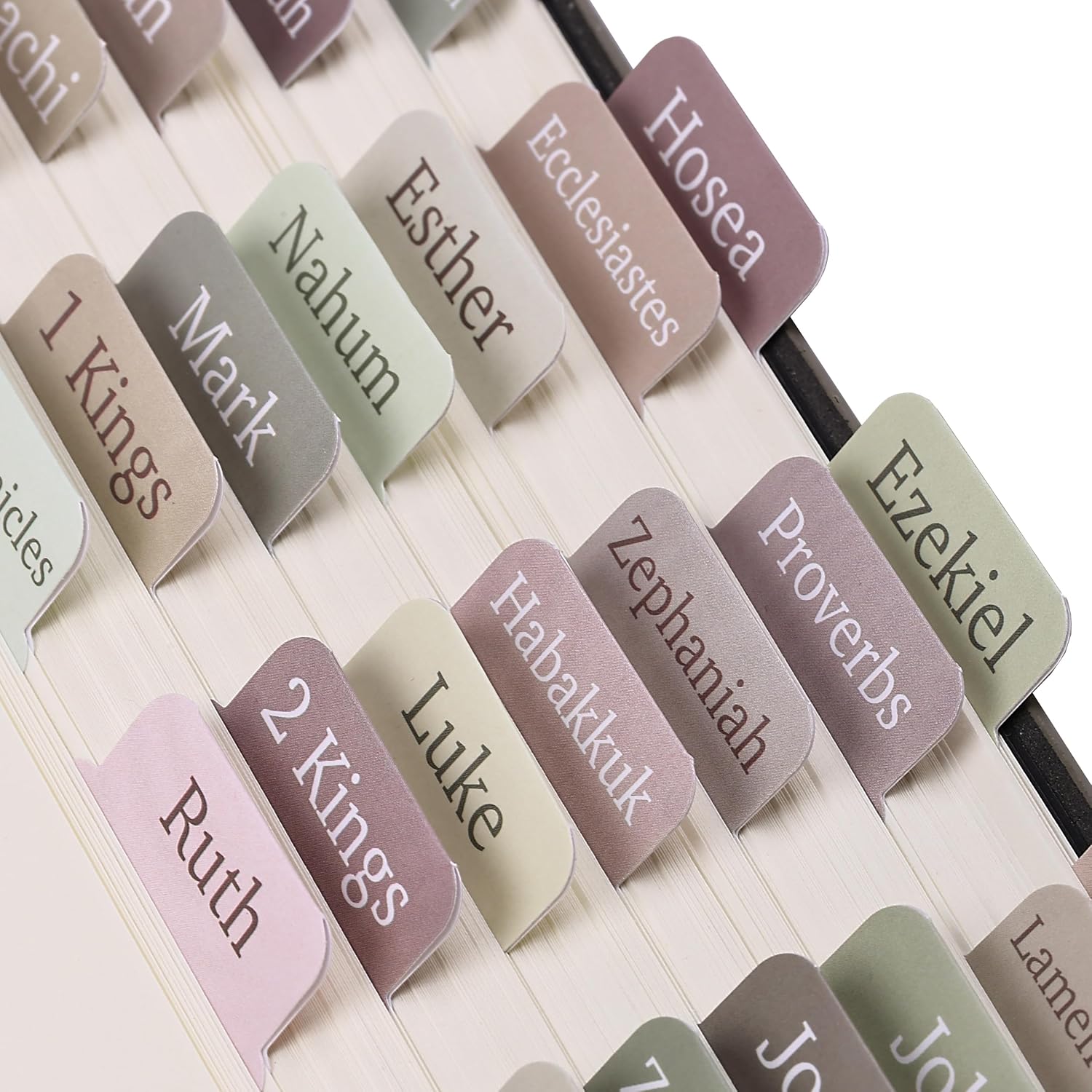 Laminated Bible tabs labeled with Old and New Testament book names on Bible pages