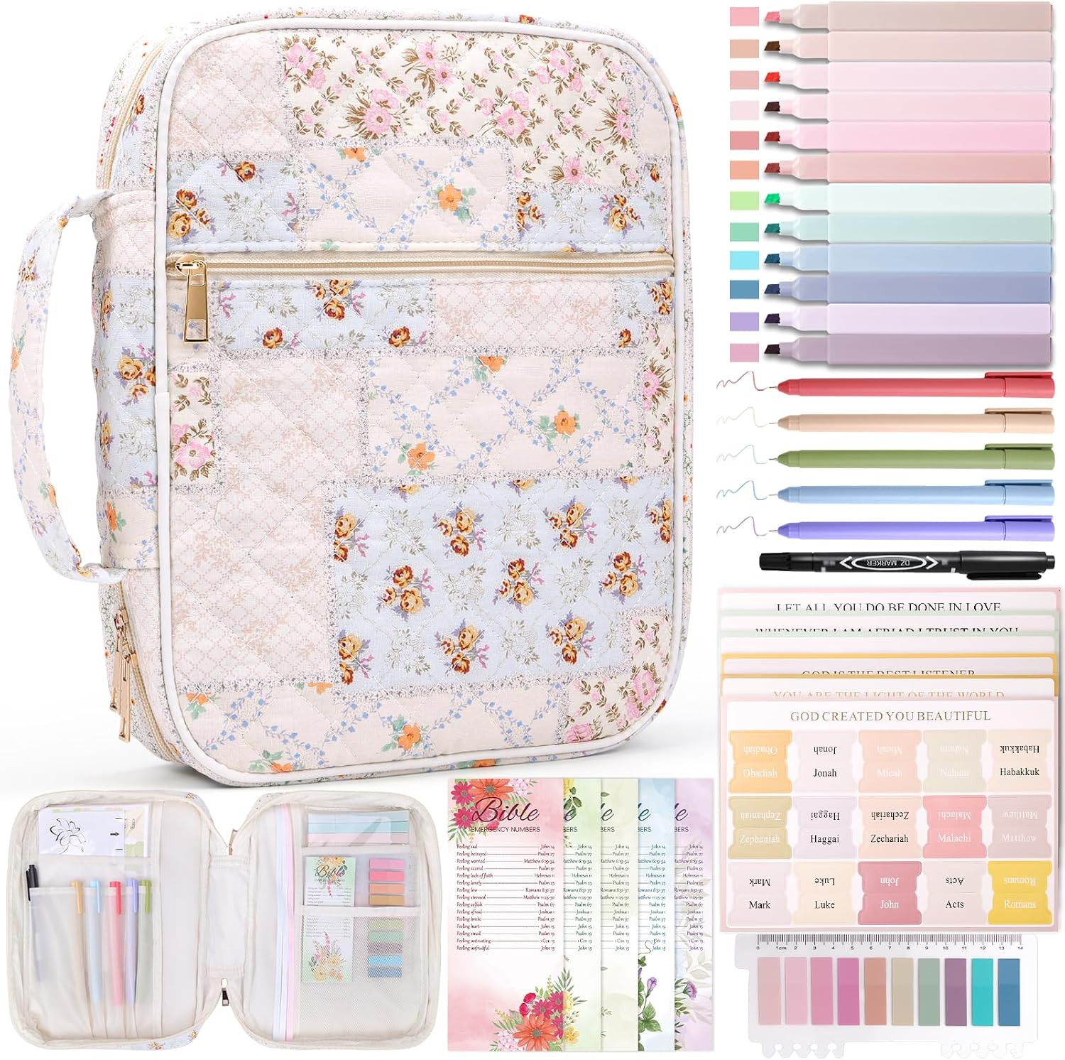 Floral patchwork Bible cover case being carried outdoors