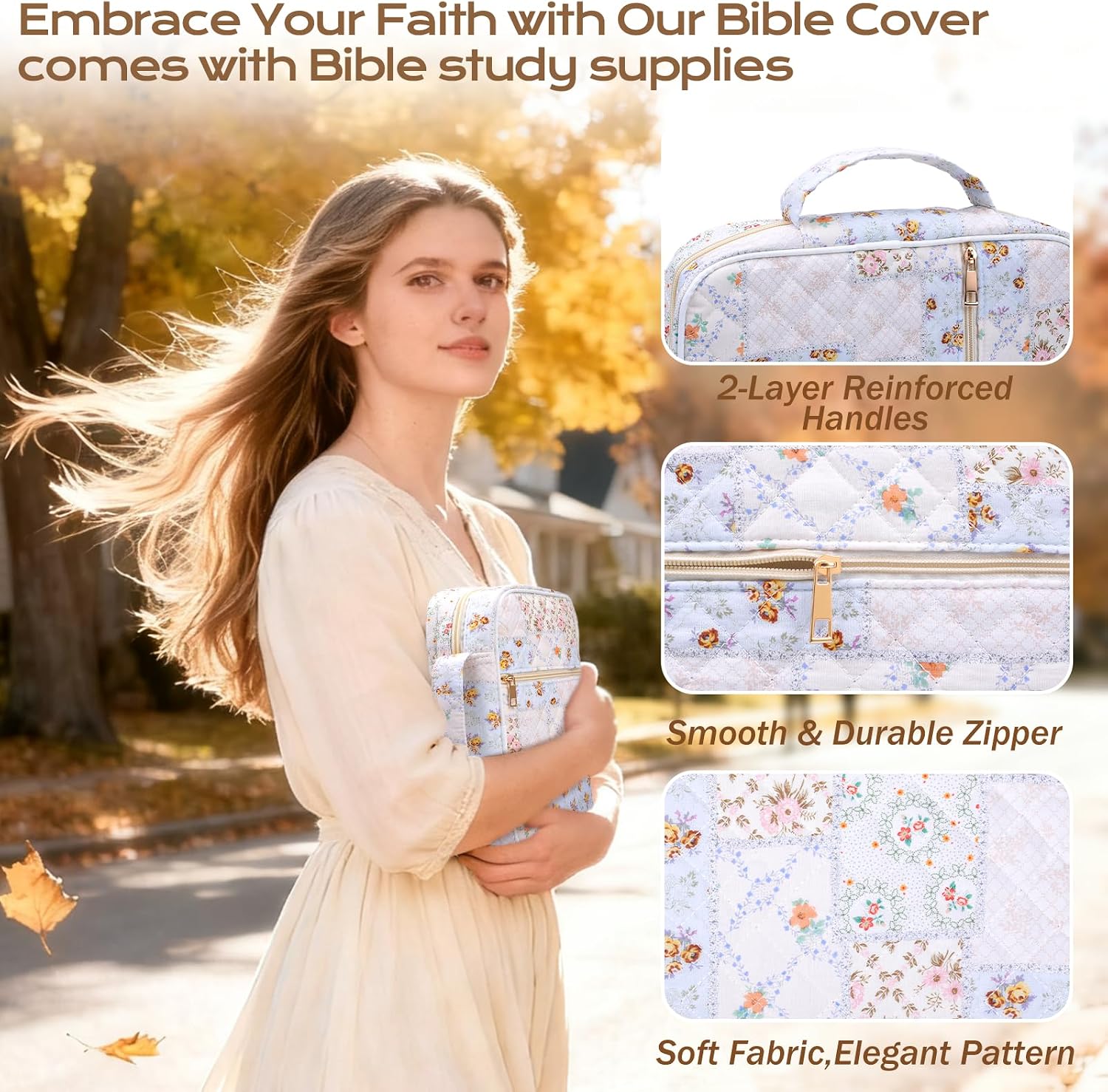 Woman carrying floral Bible cover case outdoors