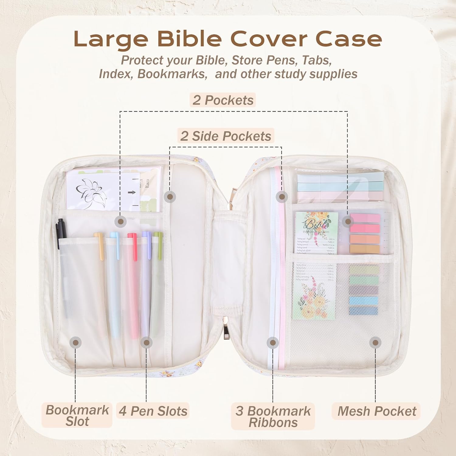 Floral Bible cover case interior showing pockets, pen slots, and bookmark ribbons