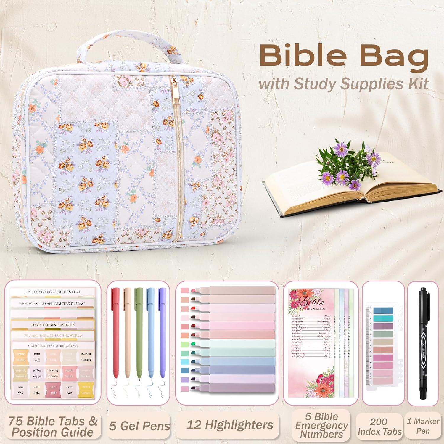 Bible bag with study supplies kit: gel pens, highlighters, tabs, bookmarks