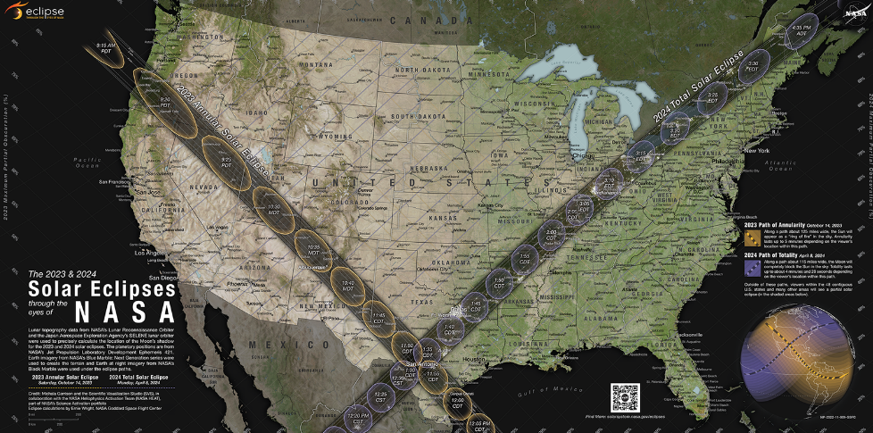NASA 2023 and 2024 solar eclipse path map